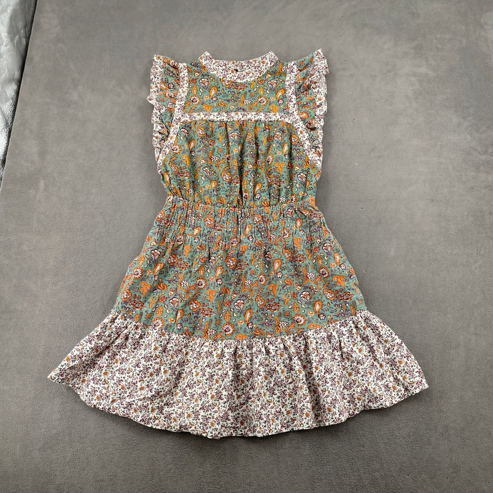 Universal Thread Floral Paisley Ruffle Mini Dress Green Orange Small 7904